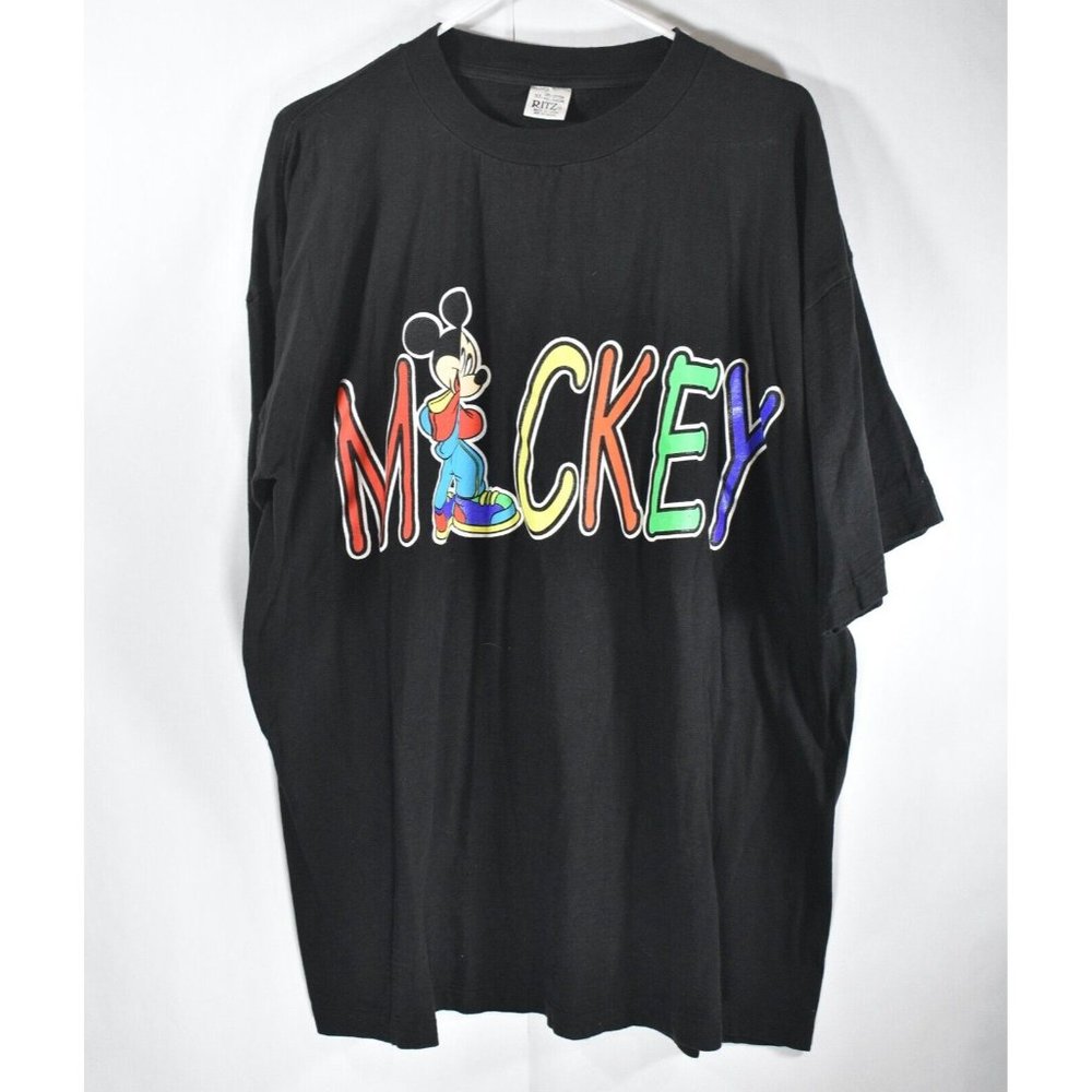 Vintage 90s Disney Mickey Mouse Spell Out Letters Ritz Black T-Shirt Size XL